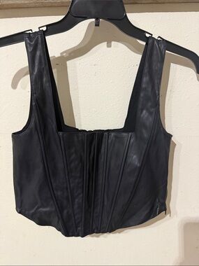 7 For All Mankind Black Faux Leather Corset Tank